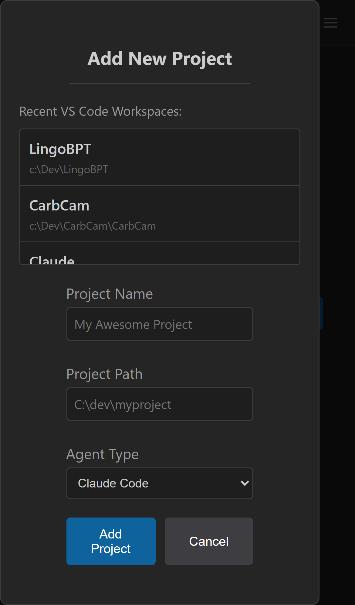 Add New Project dialog with Project Name, Project Path, and Agent fields