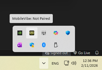 System tray showing the MobileVibe icon with a Not Paired tooltip