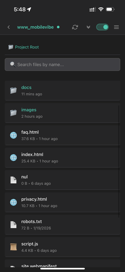 MobileVibe file browser showing project files with search bar