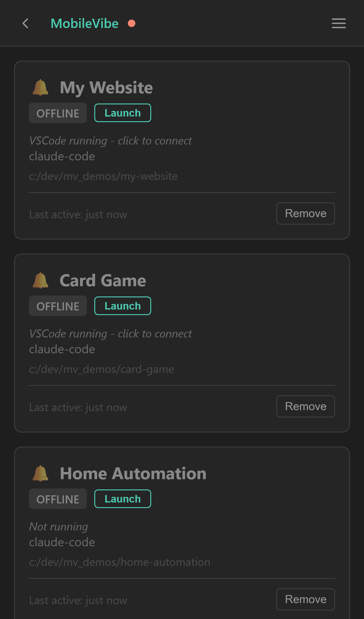 Project list with projects showing OFFLINE status and Launch buttons