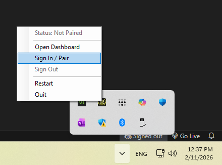 MobileVibe tray menu showing Sign In / Pair option highlighted